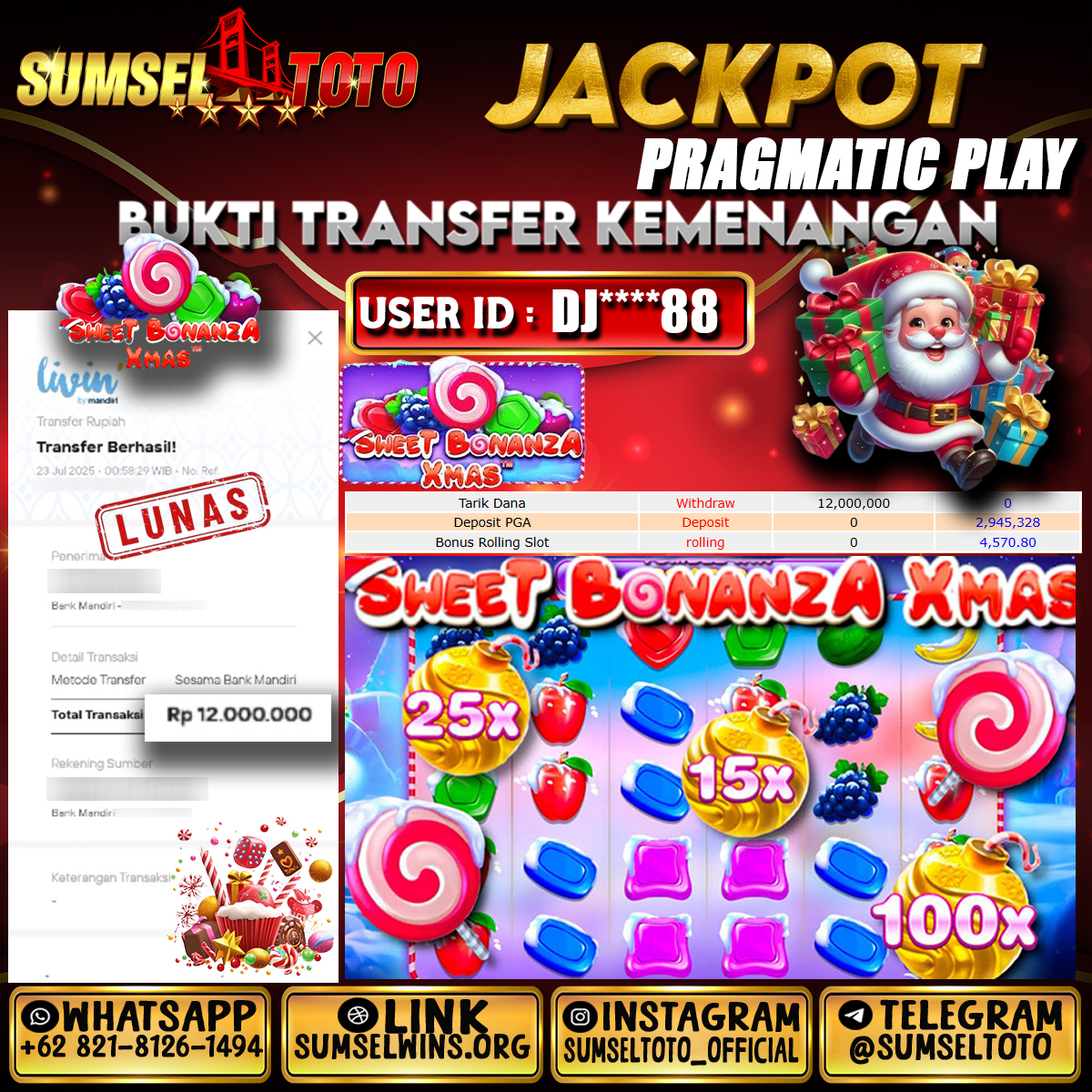 SUMSELTOTO JACKPOT SLOT SWEET BONANZA XMAS Rp.12,000,000.,- LUNAS